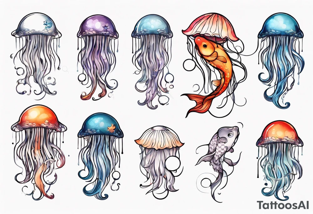 1 jellyfish with the moon in the lid. Then with mini koi carp and jellyfish swimming amongst the tentacles tattoo idea