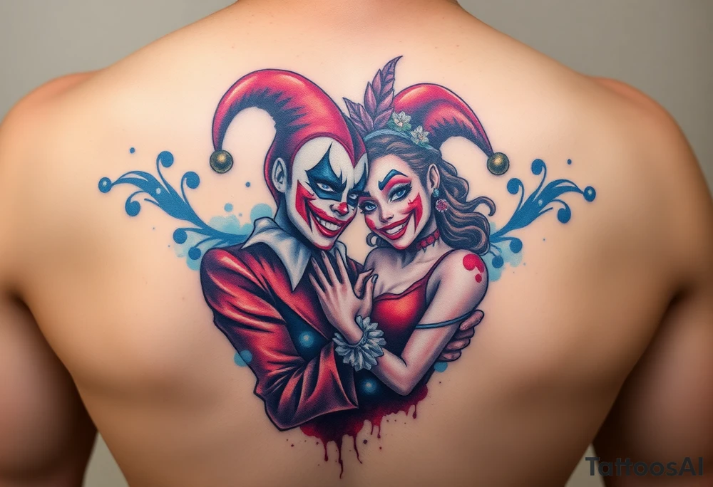 a toxic power jester couple holding each other with cheeks being pulled to force smile tattoo idea