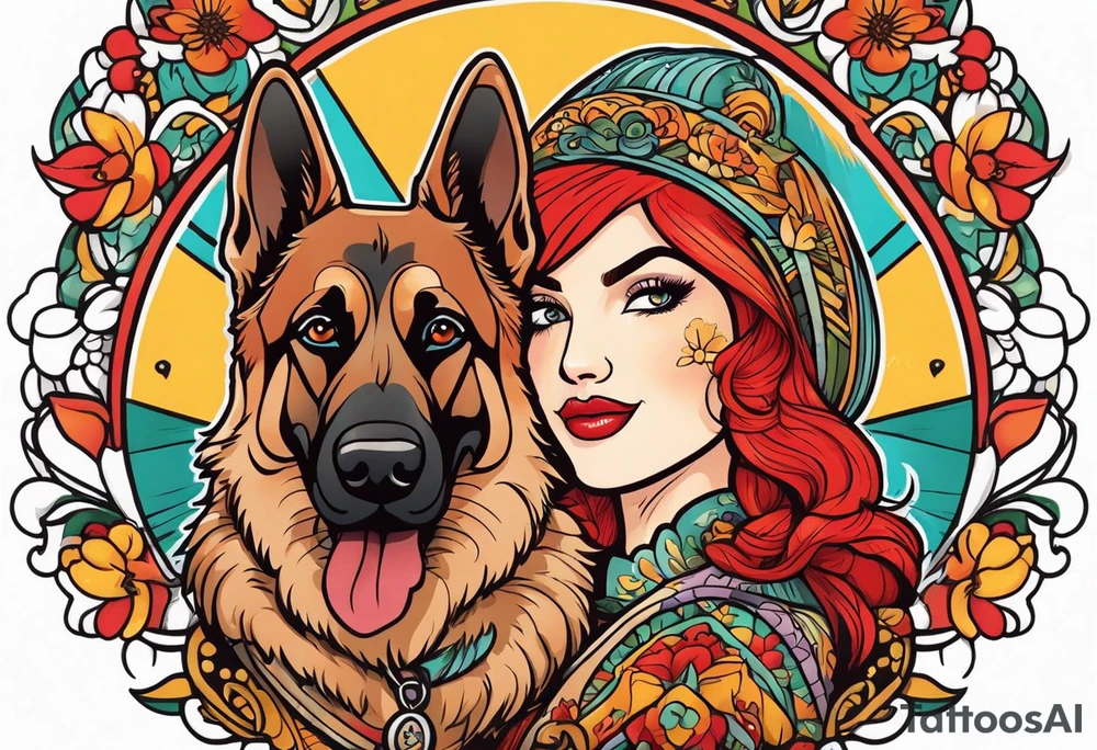 red hair woman with German shepherd dog tattoo idea