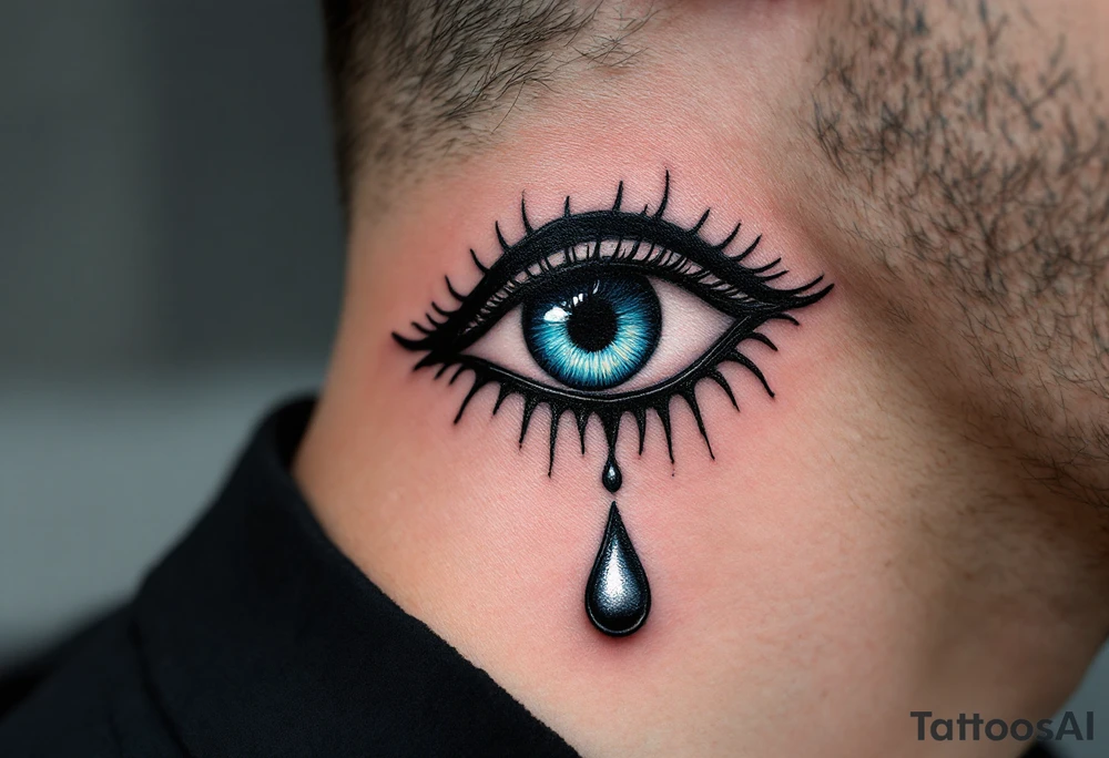 A black Nazar symbol (evil eye) with rich blue irises and a silver tear drop below. tattoo idea