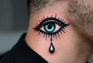 A black Nazar symbol (evil eye) with rich blue irises and a silver tear drop below. tattoo idea