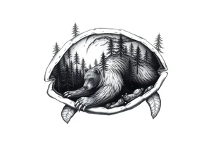 a bear in the forest inside a sea turtle shell tattoo idea