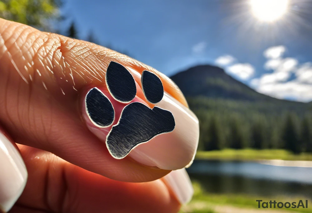 I want a tattoo with a realistic paw print, including lifelike texture and shading, especially on the nails. Inside the paw print, there's a detailed nature scene: mountains, a lake, a stream, and southern oak trees with wide canopies like a traditional southern background. Keep the peeks of the mountains soft. The sun peeks over the mountains, shining and reflecting over the land and water, with realistic shading for depth. Around the paw print, l'd like a splotchy, fading background for a natural, textured look, but without any animals. The overall style should be detailed and realistic, with strong shading and dimension. No color and very realistic in the paw. tattoo idea