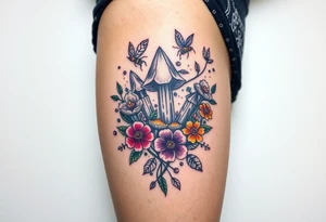 psychedelic  tattoo with crystals and  flowers and mushrooms bugs tattoo idea