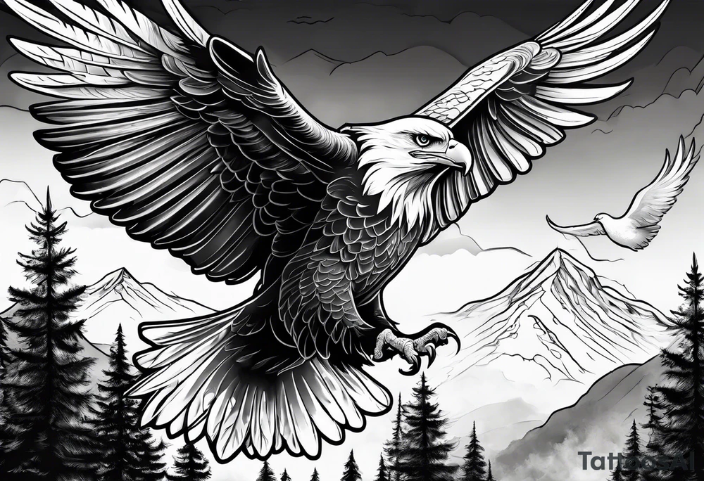 Eagle and Dove flying together over a mountain with trees in the background tattoo idea
