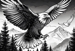 Eagle and Dove flying together over a mountain with trees in the background tattoo idea