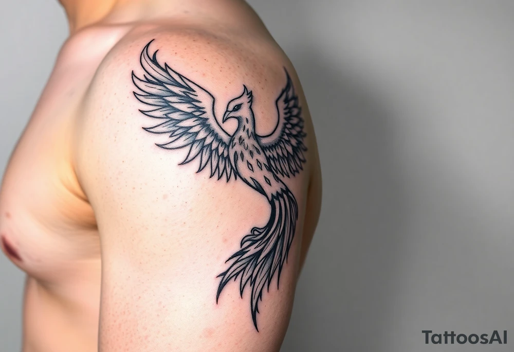 Side arm tattoo with the phoenix rising from the ashes linked with libra sign and based on discipline and the help of God.Geometric and abstract style tattoo idea