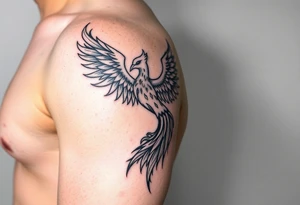 Side arm tattoo with the phoenix rising from the ashes linked with libra sign and based on discipline and the help of God.Geometric and abstract style tattoo idea