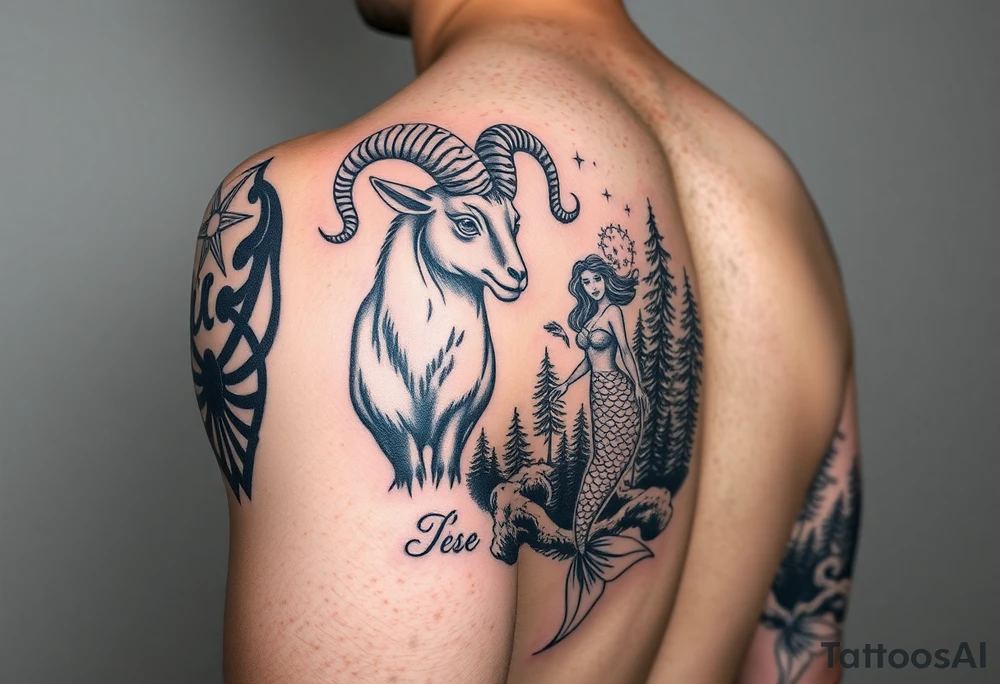mixed color tattoo as a sleeve on the arm: zodiac sign aries, majestic ram with horns curled upwards, beautiful mermaid and forest around with starry sky tattoo idea