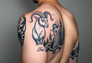 mixed color tattoo as a sleeve on the arm: zodiac sign aries, majestic ram with horns curled upwards, beautiful mermaid and forest around with starry sky tattoo idea