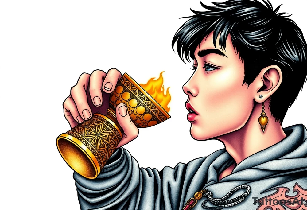 Handsome Asian young guy is drinking from medieval golden cup tattoo idea