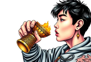 Handsome Asian young guy is drinking from medieval golden cup tattoo idea