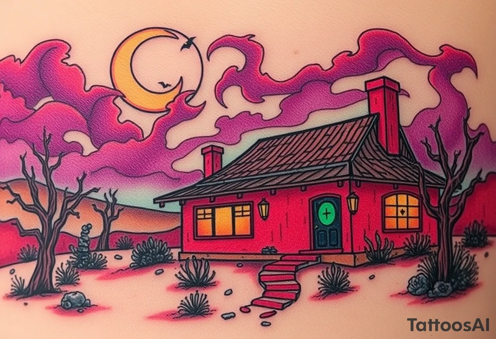Tim Burton’s haunted desert bungalow is abandoned and dripping with muted reds, dusty pinks, and eerie green glow.purple and cyan smokey clouds swirl in the crescent moonlit sky thats sprinkled with stars tattoo idea tattoo idea