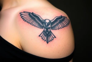 A detailed raven in mid-flight, wings spread wide with intricate feather patterns, symbolizing Tris’s journey, representing sci fi movie Divergent tattoo idea