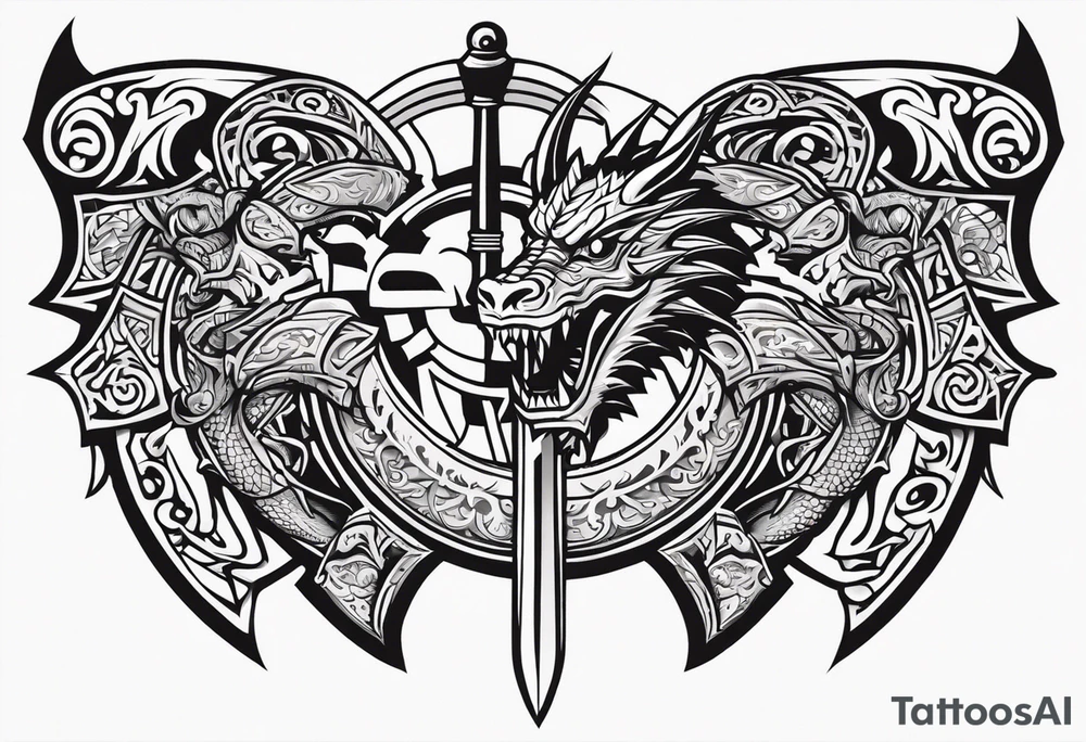 Valhalla sword shield dragon head axe tattoo idea