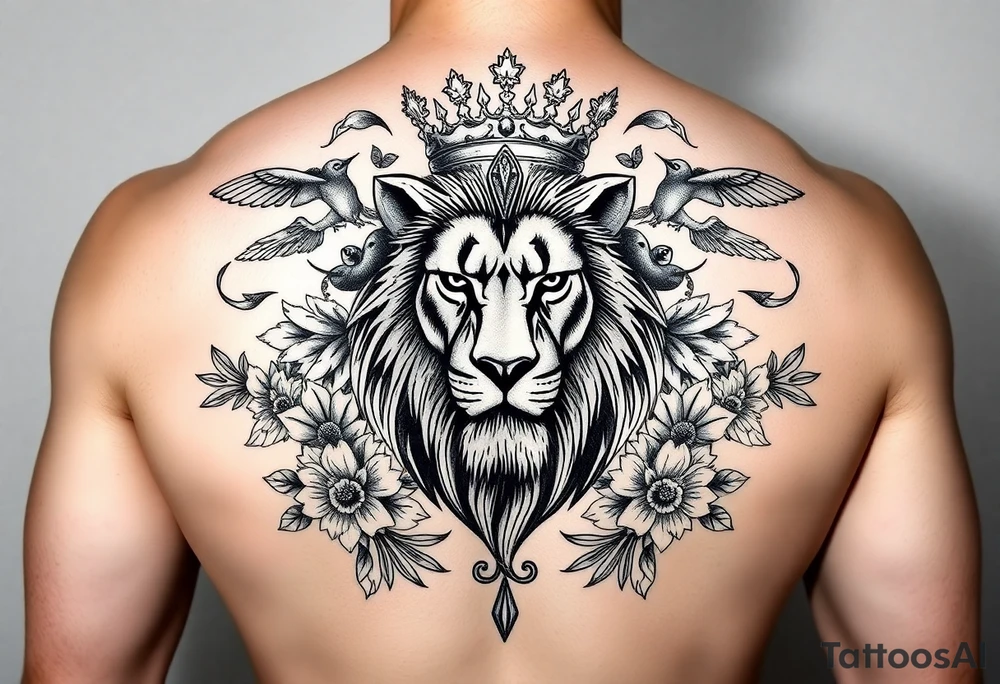 powerful majestic lion with a crown, surrounded by floral ornaments and birds tattoo idea