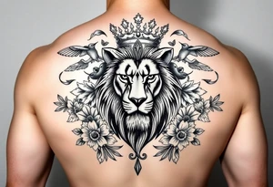 powerful majestic lion with a crown, surrounded by floral ornaments and birds tattoo idea