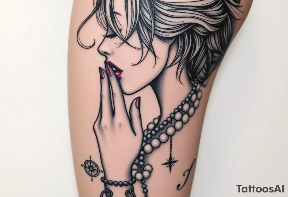 Profile of sexy woman with messy hair
, hand on chin, mouth open , lace, lipstick, pearls
compass and gun near by tattoo idea