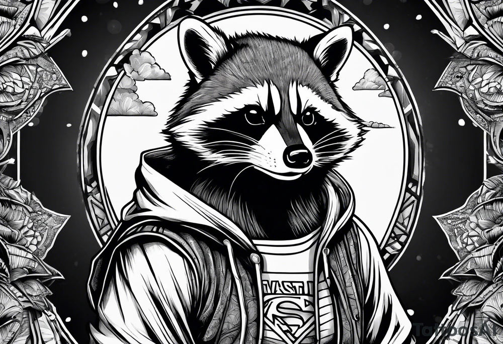 raccoon wearing a Superman hoodie tattoo idea
