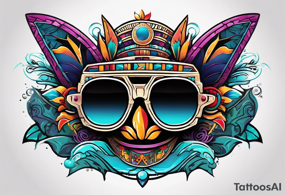 Colorful Mayan hieroglyph wearing sunglasses with bats and water tattoo idea