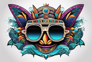 Colorful Mayan hieroglyph wearing sunglasses with bats and water tattoo idea