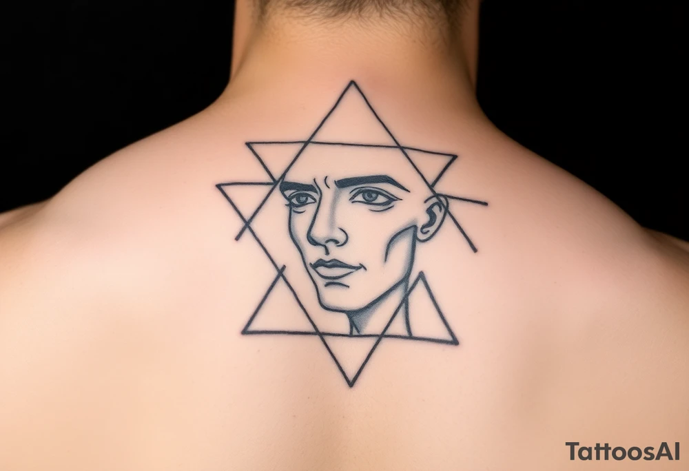 Abstract human face in fine-line style, partially inside overlapping geometric shapes like triangles and circles. Symbolic of thought, identity, and order. tattoo idea