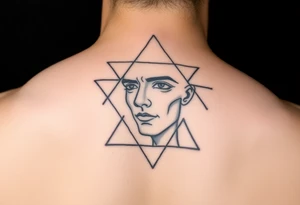 Abstract human face in fine-line style, partially inside overlapping geometric shapes like triangles and circles. Symbolic of thought, identity, and order. tattoo idea