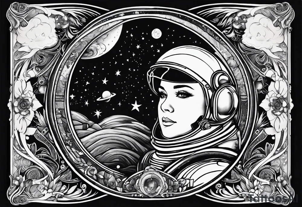 Craft an intricate black and white tattoo design inspired by the themes and imagery from Ray Bradbury's "Cosmonaut" and the poignant lyrics of Elton John's "Rocket Man." tattoo idea