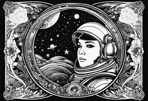 Craft an intricate black and white tattoo design inspired by the themes and imagery from Ray Bradbury's "Cosmonaut" and the poignant lyrics of Elton John's "Rocket Man." tattoo idea