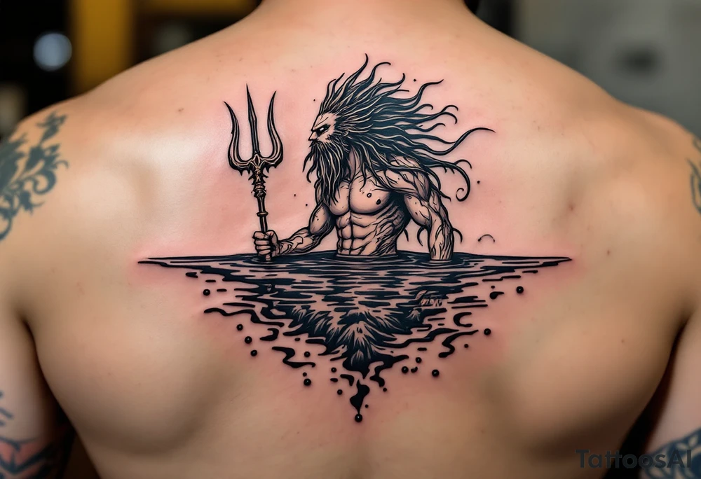 poseidon with trident half way in calm water tattoo idea