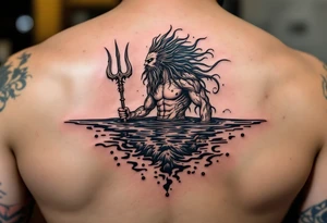 poseidon with trident half way in calm water tattoo idea