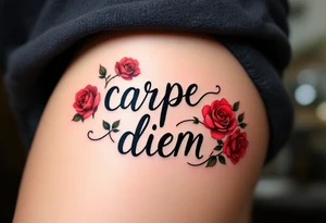 Delicate blackletter calligraphy "carpe diem" with red roses blooming around the text. tattoo idea