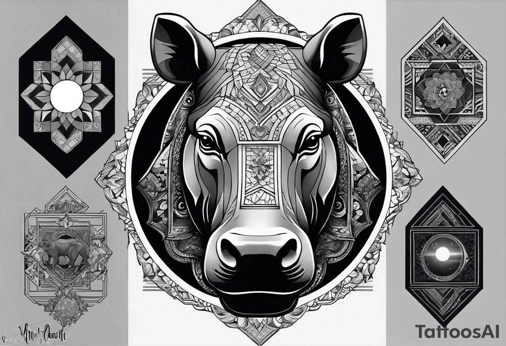Very asymmetrical, +geometric pattern, with realistic full moon, with hippo,+tribal, +geometric, +inkart , +blackwork, +grey scale, + sketch
with wintersweet flower bud, +for men, detailed layering , modify from my favourites , not like a cow tattoo idea