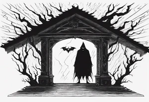 A black demonic shadow lifting the roof, peering out into the surroundings with an ominous presence. tattoo idea