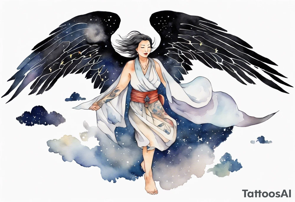 a beautiful 55 year old Dakota woman wearing a tunic, flying in the night sky with black wings, bare feet tattoo idea