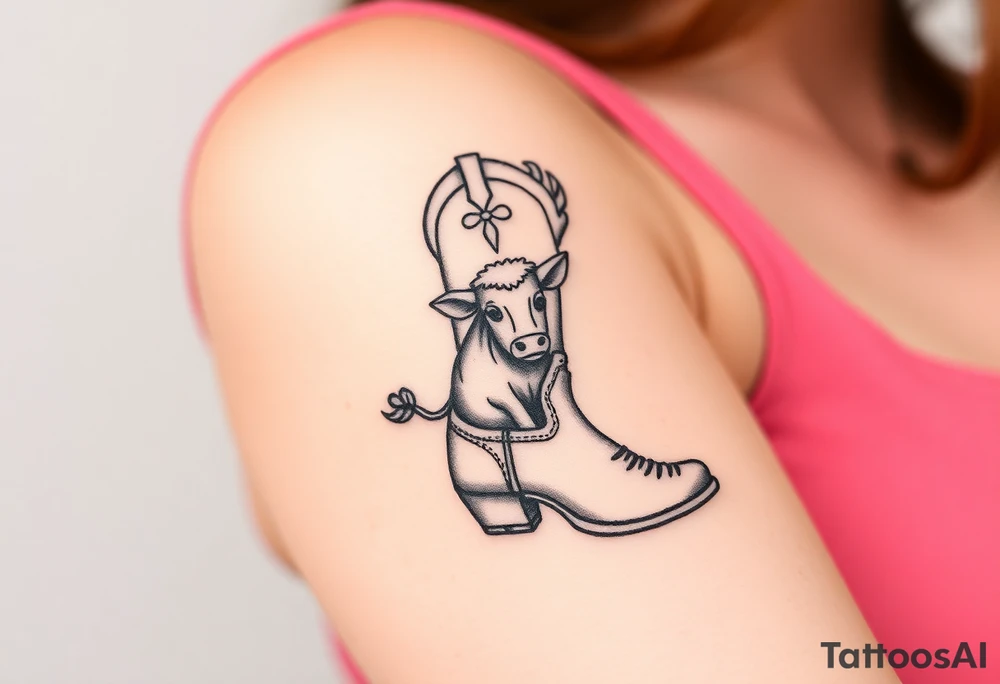 A cowboy boot with a small highland cow stitched into it. tattoo idea