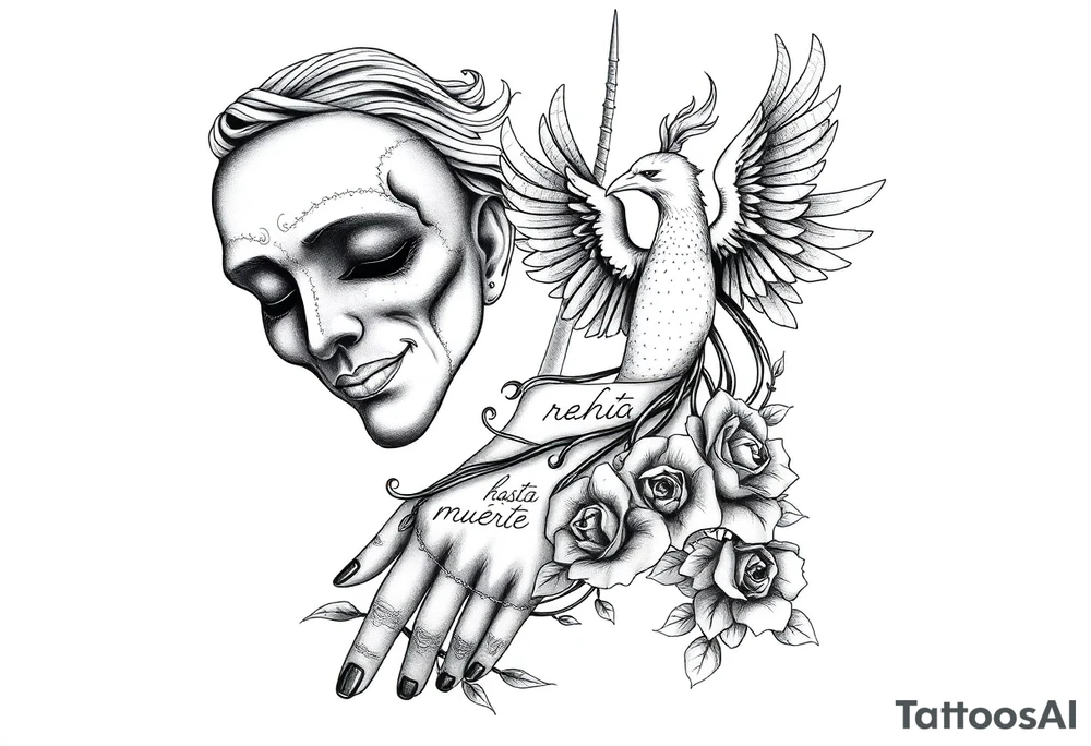 two masks, the one behind crying and the one in front smiling, a phoenix rising from the ashes, the writing "real hasta la muerte" and some roses ending on the hand tattoo idea