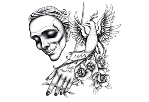 two masks, the one behind crying and the one in front smiling, a phoenix rising from the ashes, the writing "real hasta la muerte" and some roses ending on the hand tattoo idea