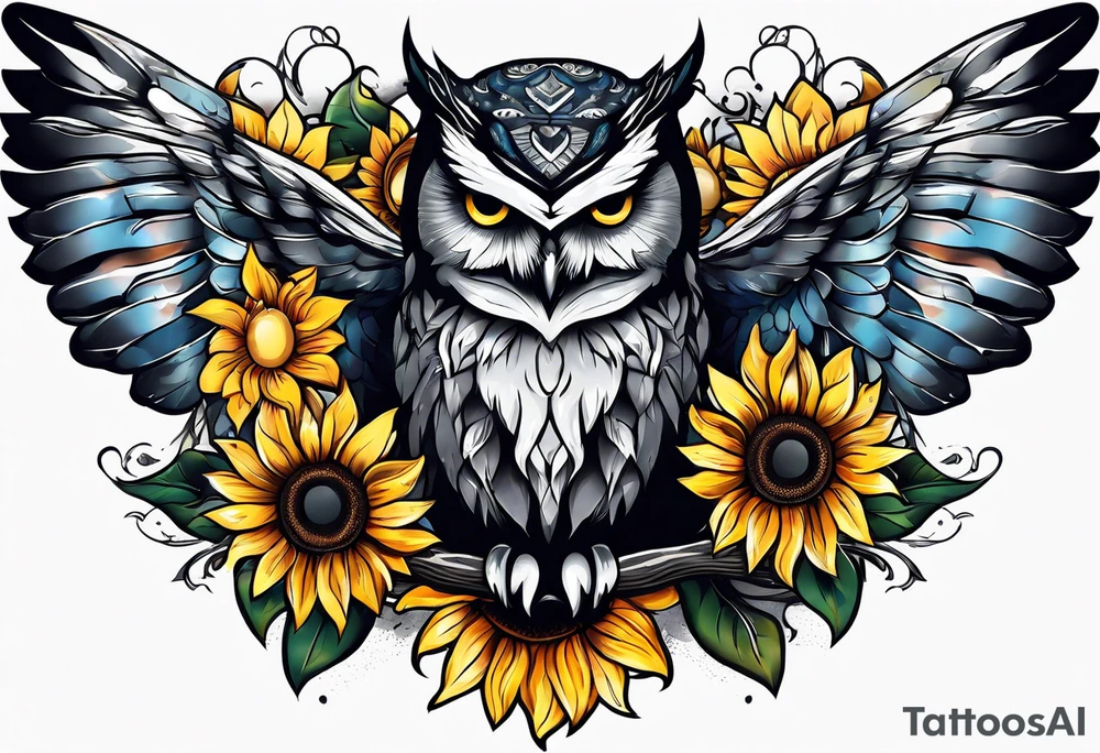 Sleeve with an owl, sunflower and butterfly tattoo idea