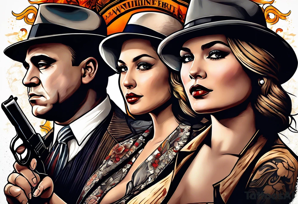 gangsters bonnie & clyde with Al Capone and machine gunns with smoke and fire tattoo idea