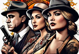 gangsters bonnie & clyde with Al Capone and machine gunns with smoke and fire tattoo idea