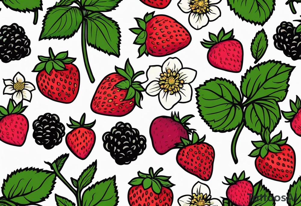 Strawberry plants, raspberry plants, blackberry plants with flowers in bold colors tattoo idea