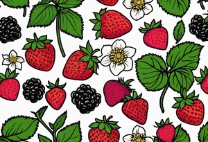 Strawberry plants, raspberry plants, blackberry plants with flowers in bold colors tattoo idea