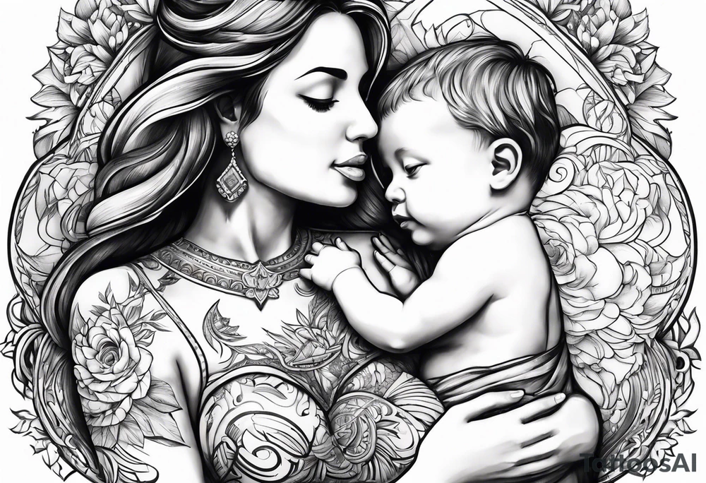 chest tattoo : 
mom and baby son statue tattoo idea