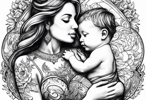 chest tattoo : 
mom and baby son statue tattoo idea