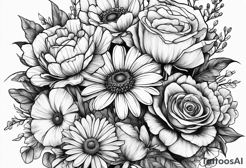 Bouquet of a Daisy, rose and poppy. Masculine. tattoo idea