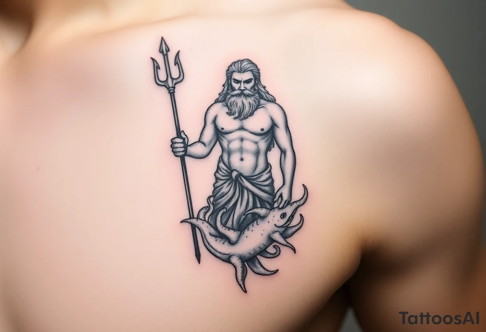 Poseidon showing torso and trident and lower down sea creatures swirling around him tattoo idea
