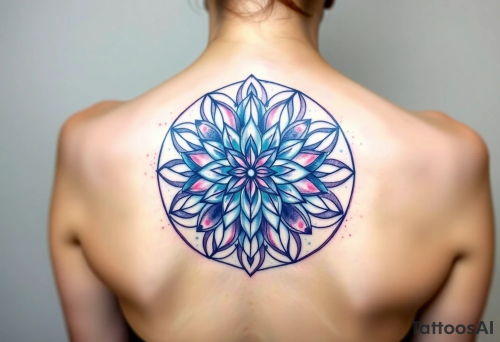 A symmetrical Flower of Life with hexagonal crystal details in round cyrcle, enhancing its sacred geometric nature. tattoo idea