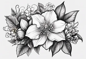 Hydrangea, Narcissus, Poinsettia, Holly, Gladiolus, Poppy, Daisy, Sweet Pea floral tattoo idea