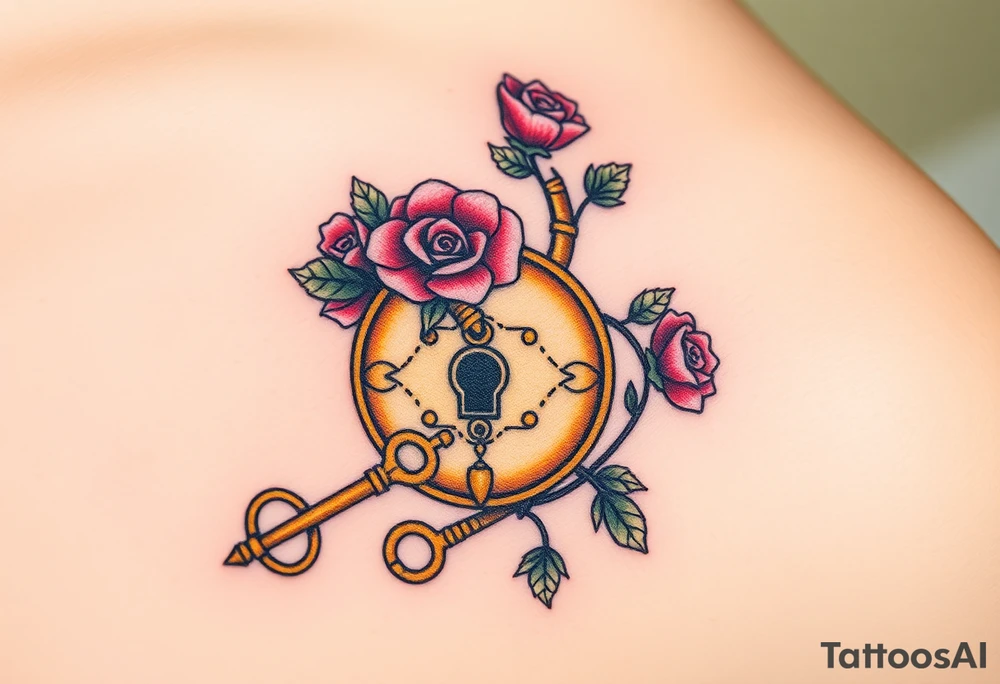 A rose-covered golden lock with a floral-shaped key lying nearby the lock, with vines wrapping gently around them tattoo idea